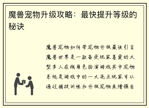 魔兽宠物升级攻略：最快提升等级的秘诀